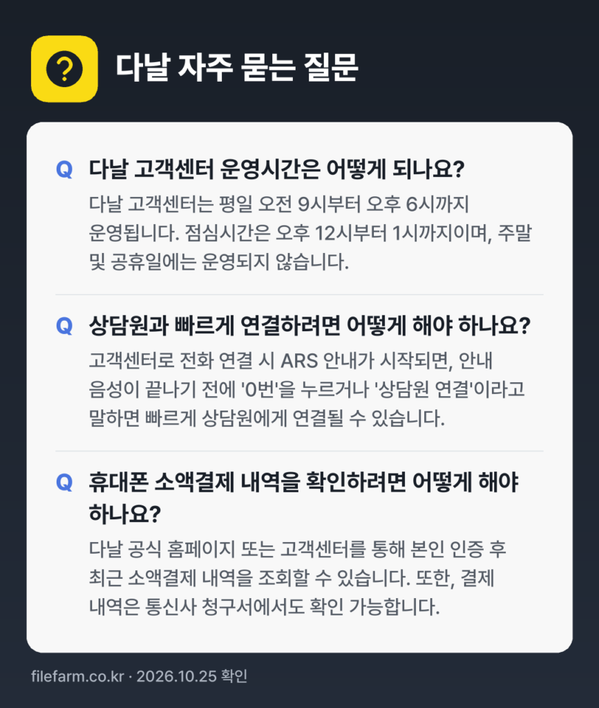 다날 자주 묻는 질문: 다날 고객센터 운영시간은 어떻게 되나요? / 상담원과 빠르게 연결하려면 어떻게 해야 하나요? / 휴대폰 소액결제 내역을 확인하려면 어떻게 해야 하나요?
