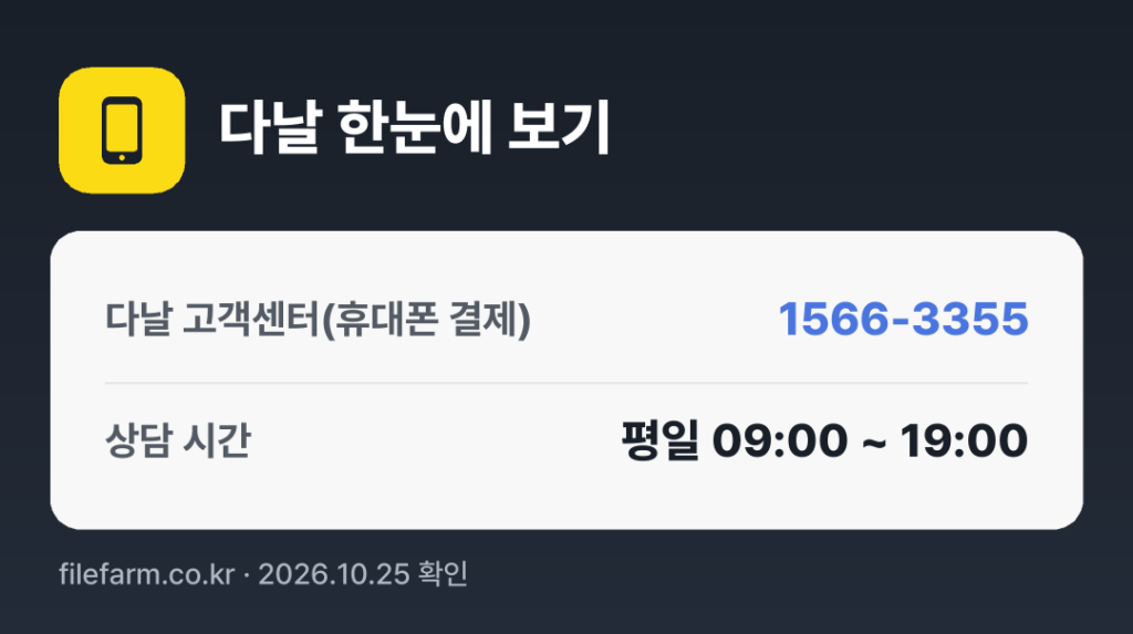 다날 한눈에 보기: 1566-3355 · 평일 09:00 ~ 19:00 · 토 · 일 · 공휴일 휴무