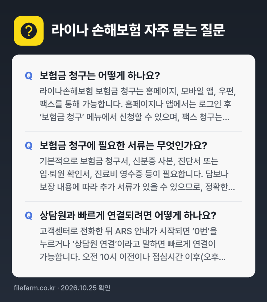 라이나 손해보험 자주 묻는 질문: 보험금 청구는 어떻게 하나요? / 보험금 청구에 필요한 서류는 무엇인가요? / 상담원과 빠르게 연결되려면 어떻게 하나요?