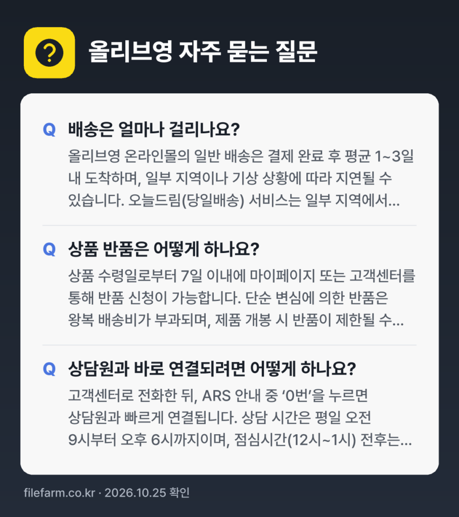 올리브영 자주 묻는 질문: 배송은 얼마나 걸리나요? / 상품 반품은 어떻게 하나요? / 상담원과 바로 연결되려면 어떻게 하나요?