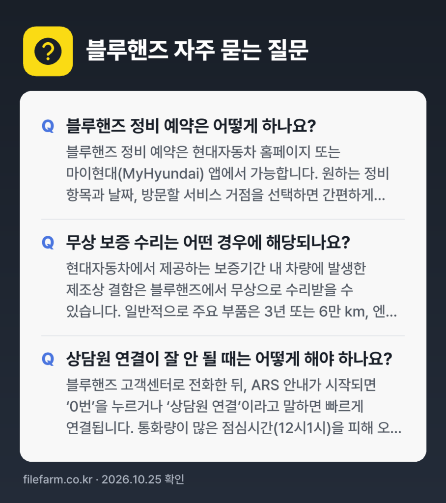 블루핸즈 자주 묻는 질문: 블루핸즈 정비 예약은 어떻게 하나요? / 무상 보증 수리는 어떤 경우에 해당되나요? / 상담원 연결이 잘 안 될 때는 어떻게 해야 하나요?