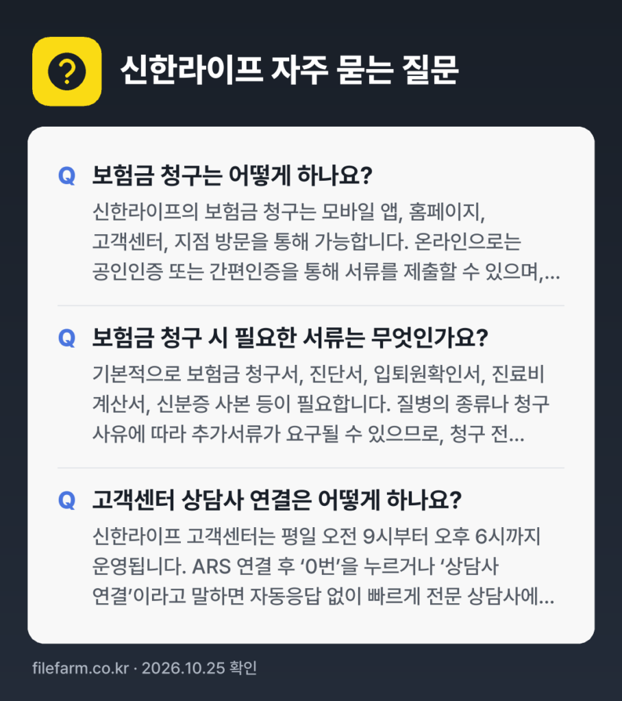 신한라이프 자주 묻는 질문: 보험금 청구는 어떻게 하나요? / 보험금 청구 시 필요한 서류는 무엇인가요? / 고객센터 상담사 연결은 어떻게 하나요?