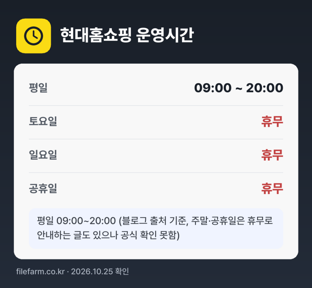 현대홈쇼핑 운영시간: 평일 09:00 ~ 20:00 · 토 · 일 · 공휴일 휴무