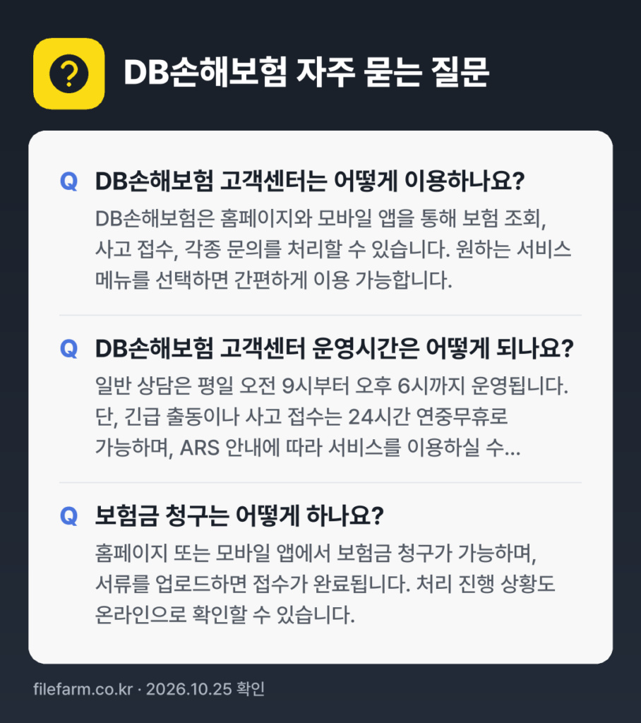 DB손해보험 자주 묻는 질문: DB손해보험 고객센터는 어떻게 이용하나요? / DB손해보험 고객센터 운영시간은 어떻게 되나요? / 보험금 청구는 어떻게 하나요?