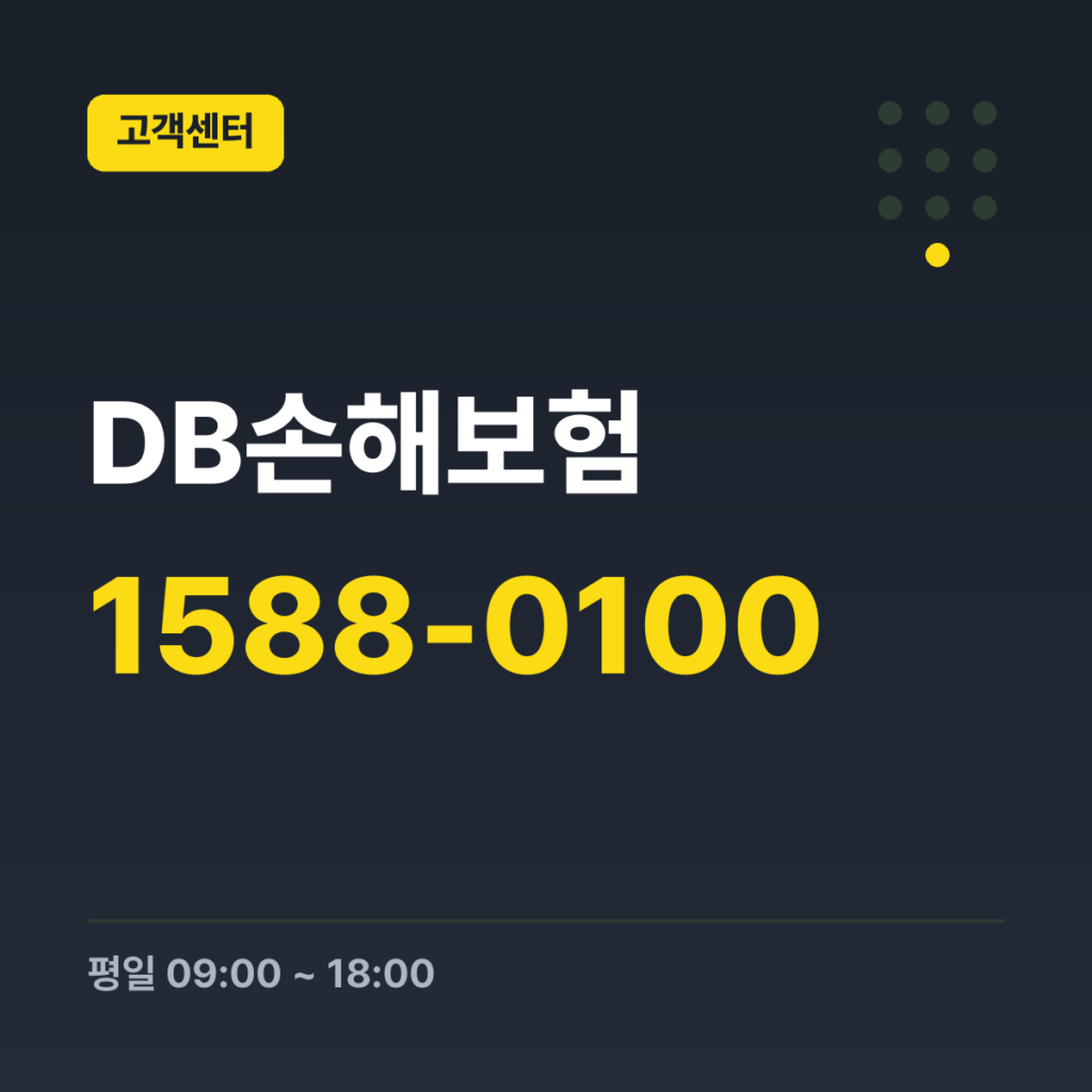 DB손해보험 고객상담센터(대표) 1588-0100 · 평일 09:00 ~ 18:00 · 토 09:00 ~ 13:00 · 일 · 공휴일 휴무