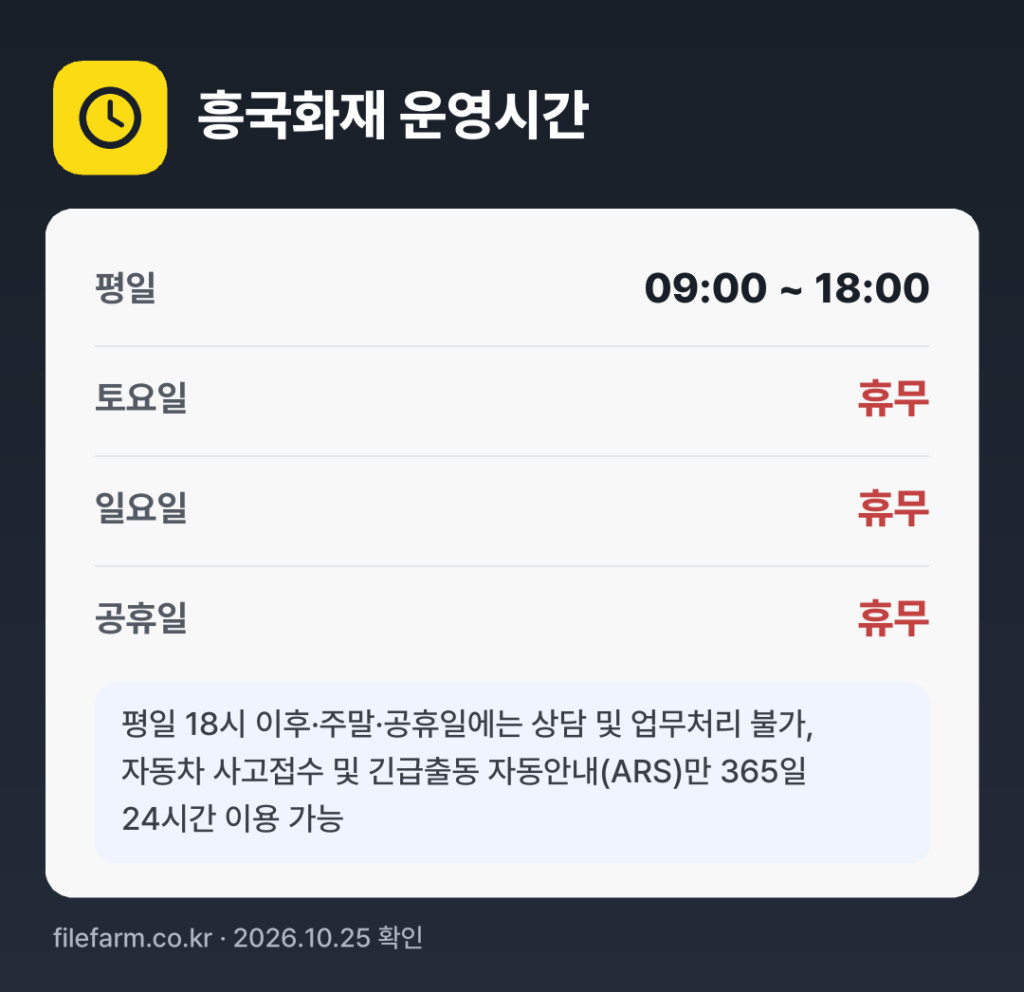 흥국화재 운영시간: 평일 09:00 ~ 18:00 · 토 · 일 · 공휴일 휴무