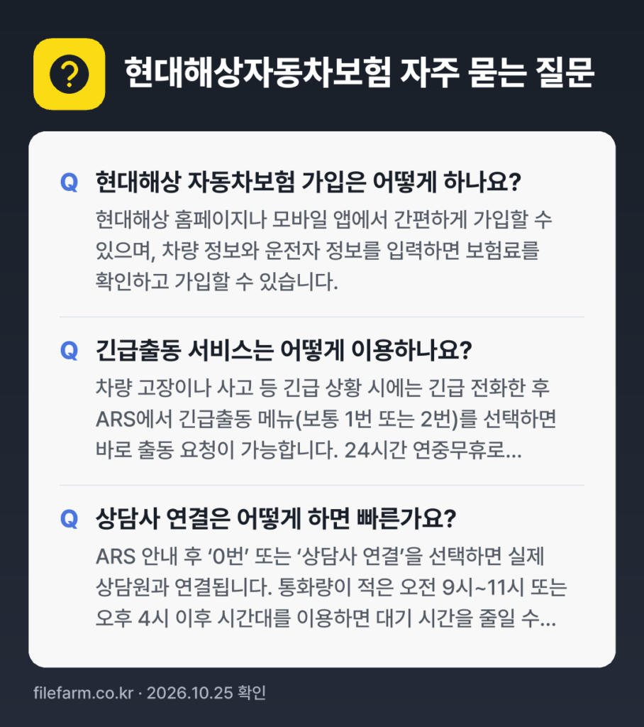 현대해상자동차보험 자주 묻는 질문: 현대해상 자동차보험 가입은 어떻게 하나요? / 긴급출동 서비스는 어떻게 이용하나요? / 상담사 연결은 어떻게 하면 빠른가요?