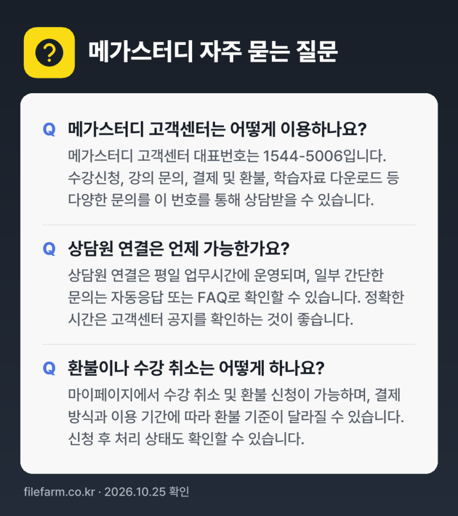 메가스터디 자주 묻는 질문: 메가스터디 고객센터는 어떻게 이용하나요? / 상담원 연결은 언제 가능한가요? / 환불이나 수강 취소는 어떻게 하나요?