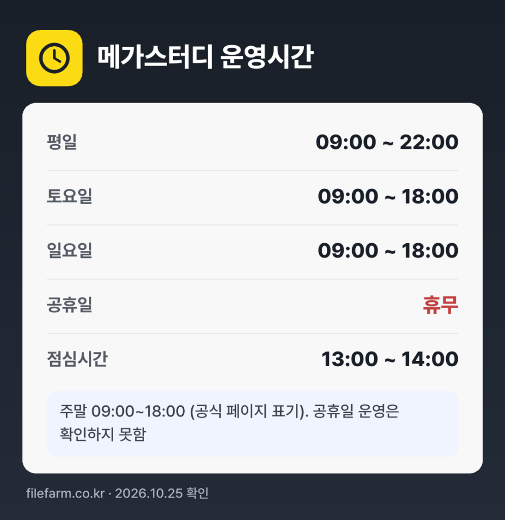 메가스터디 운영시간: 평일 09:00 ~ 22:00 · 토 09:00 ~ 18:00 · 일 09:00 ~ 18:00 · 공휴일 휴무 · 점심시간 13:00 ~ 14:00