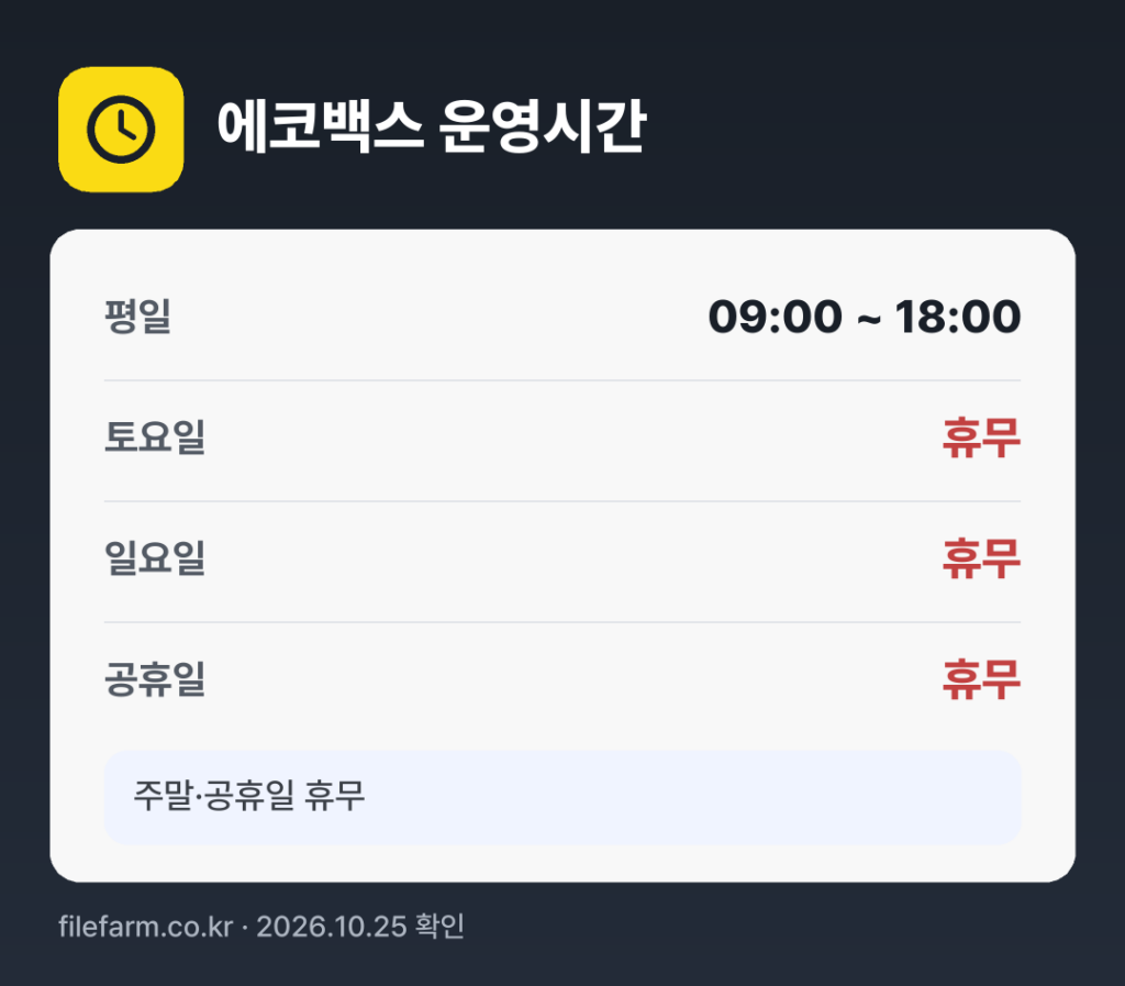 에코백스 운영시간: 평일 09:00 ~ 18:00 · 토 · 일 · 공휴일 휴무