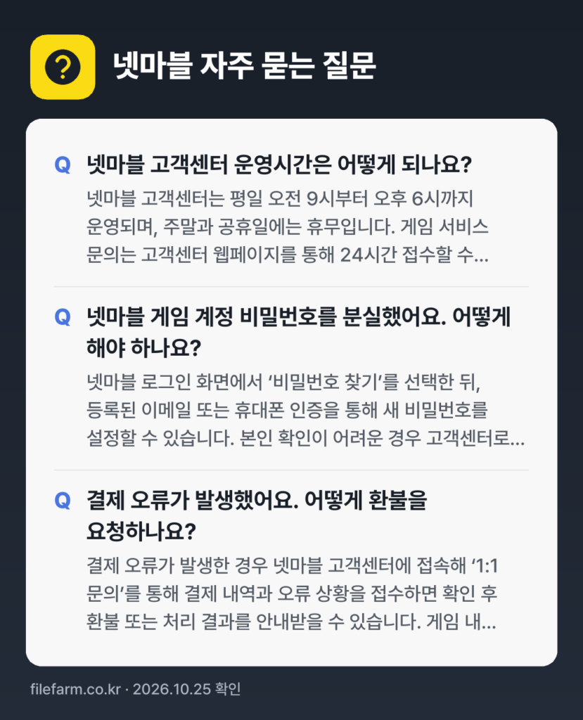 넷마블 자주 묻는 질문: 넷마블 고객센터 운영시간은 어떻게 되나요? / 넷마블 게임 계정 비밀번호를 분실했어요. 어떻게 해야 하나요? / 결제 오류가 발생했어요. 어떻게 환불을 요청하나요?