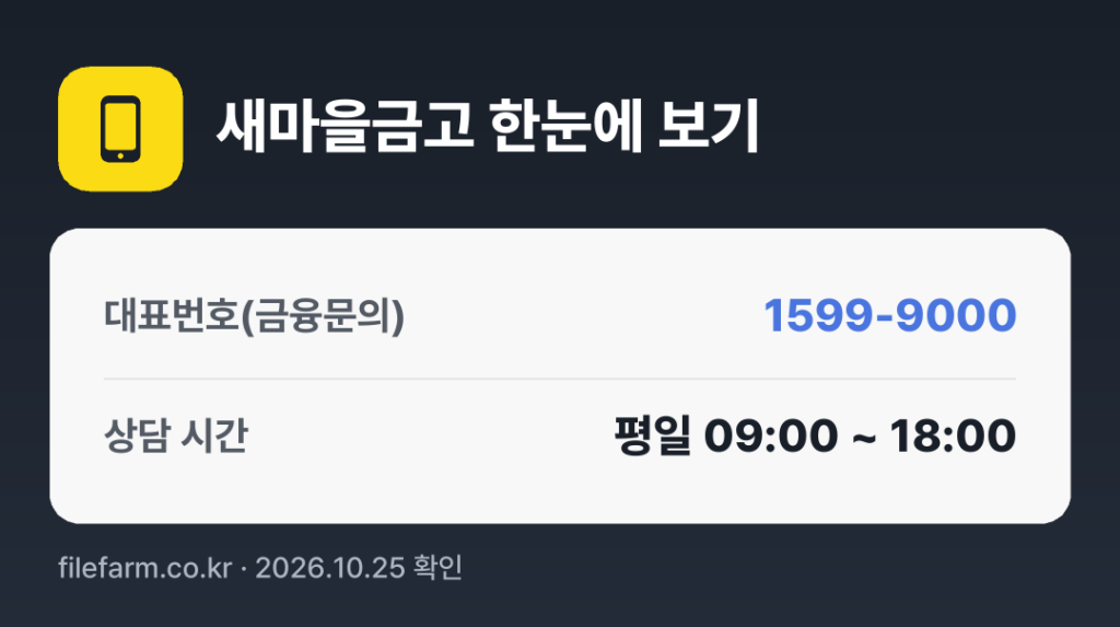 새마을금고 한눈에 보기: 1599-9000 · 평일 09:00 ~ 18:00 · 토 · 일 · 공휴일 휴무
