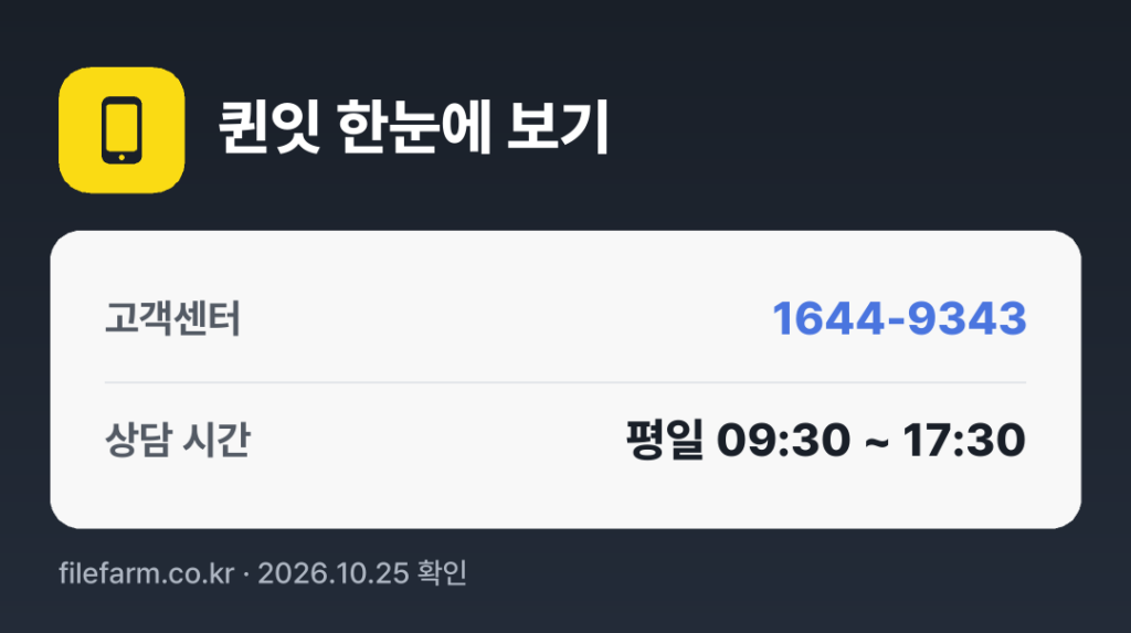 퀸잇 한눈에 보기: 1644-9343 · 평일 09:30 ~ 17:30 · 토 · 일 · 공휴일 휴무