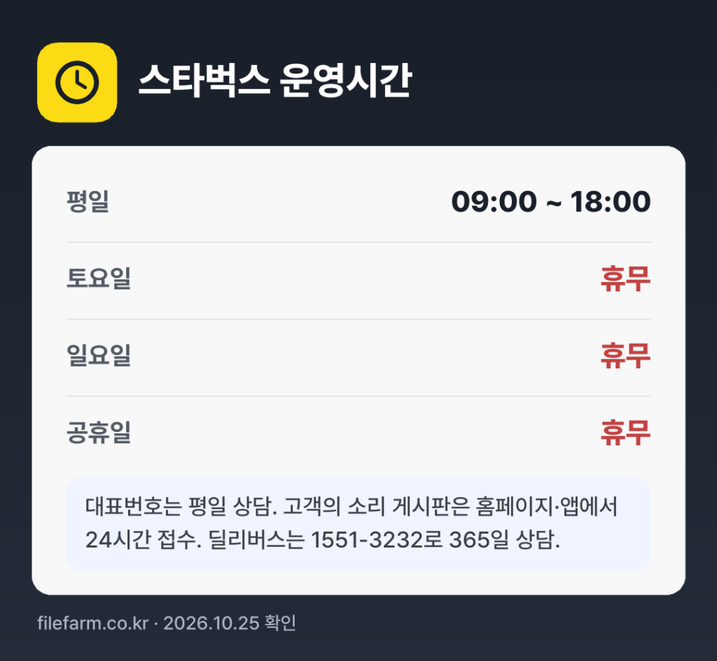 스타벅스 운영시간: 평일 09:00 ~ 18:00 · 토 · 일 · 공휴일 휴무
