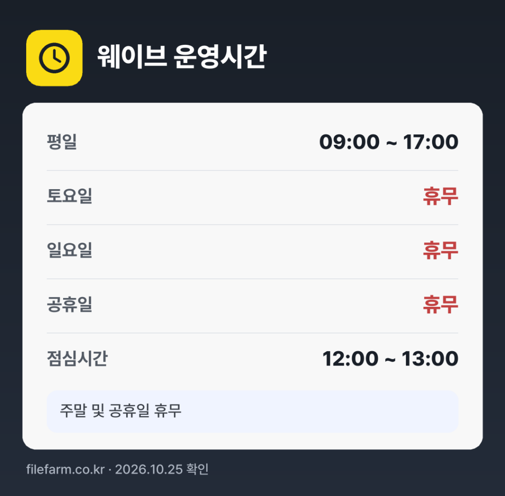 웨이브 운영시간: 평일 09:00 ~ 17:00 · 토 · 일 · 공휴일 휴무 · 점심시간 12:00 ~ 13:00