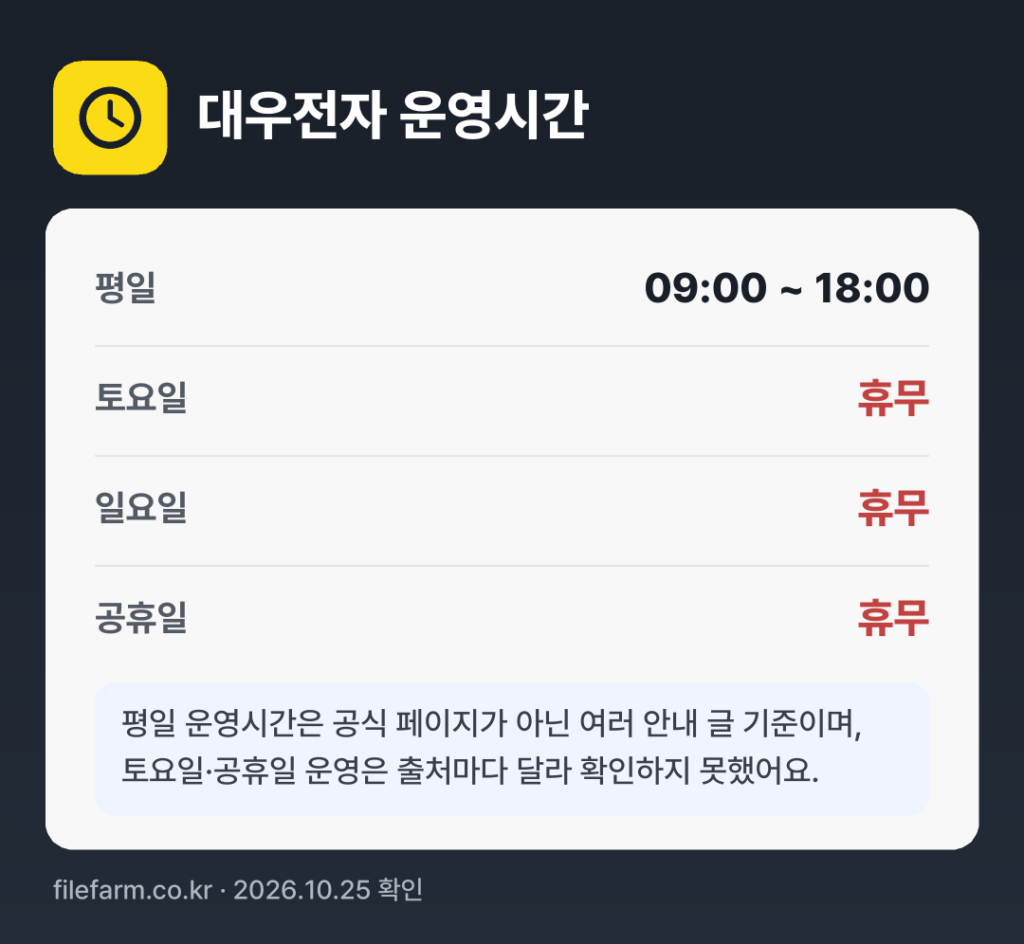 대우전자 운영시간: 평일 09:00 ~ 18:00 · 토 · 일 · 공휴일 휴무