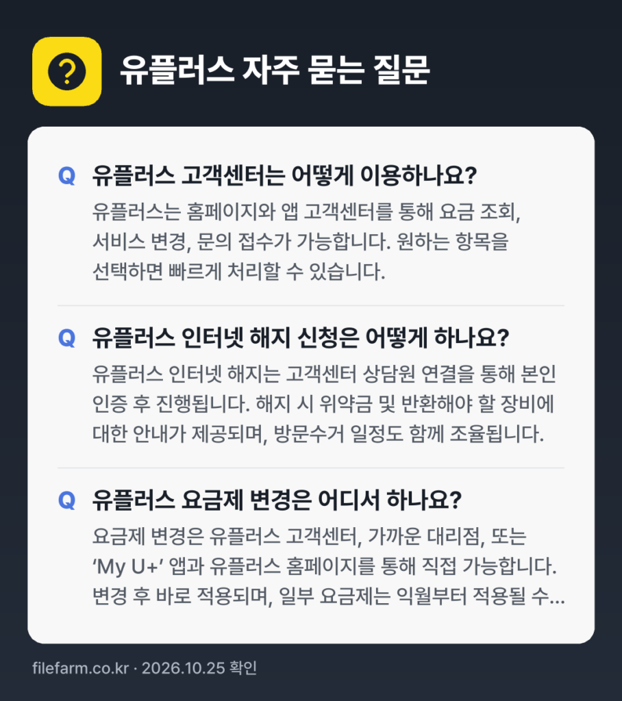 유플러스 자주 묻는 질문: 유플러스 고객센터는 어떻게 이용하나요? / 유플러스 인터넷 해지 신청은 어떻게 하나요? / 유플러스 요금제 변경은 어디서 하나요?