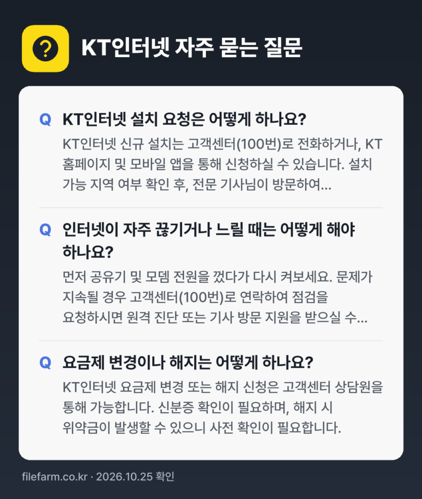 KT인터넷 자주 묻는 질문: KT인터넷 설치 요청은 어떻게 하나요? / 인터넷이 자주 끊기거나 느릴 때는 어떻게 해야 하나요? / 요금제 변경이나 해지는 어떻게 하나요?