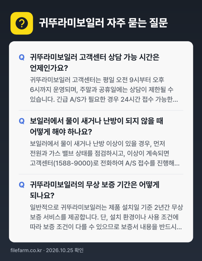 귀뚜라미보일러 자주 묻는 질문: 귀뚜라미보일러 고객센터 상담 가능 시간은 언제인가요? / 보일러에서 물이 새거나 난방이 되지 않을 때 어떻게 해야 하나요? / 귀뚜라미보일러의 무상 보증 기간은 어떻게 되나요?