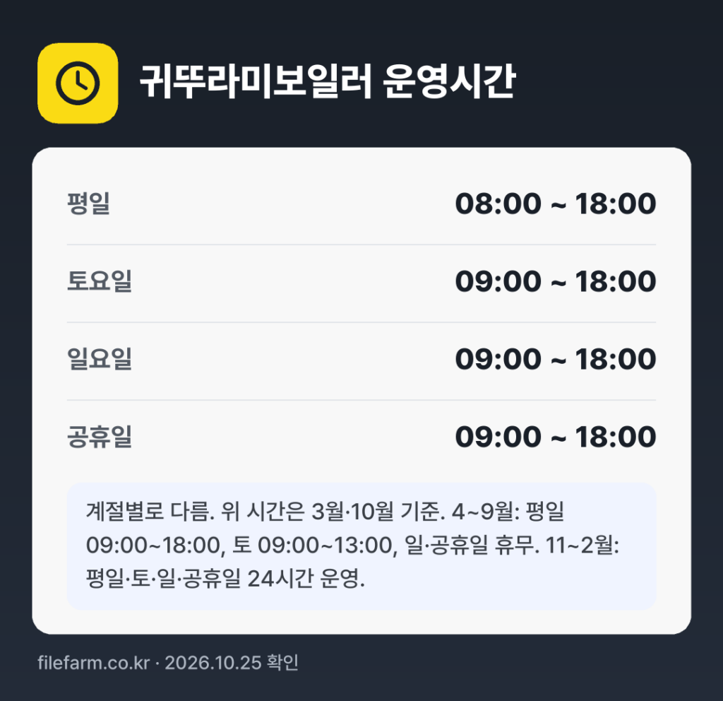 귀뚜라미보일러 운영시간: 평일 08:00 ~ 18:00 · 토 09:00 ~ 18:00 · 일 09:00 ~ 18:00 · 공휴일 09:00 ~ 18:00