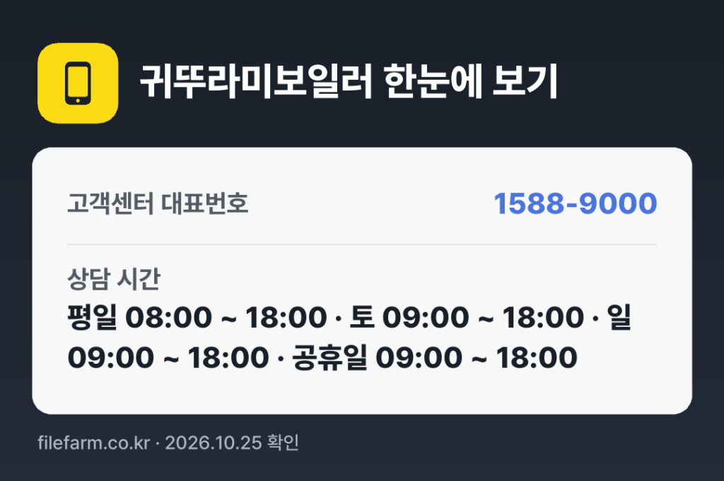 귀뚜라미보일러 한눈에 보기: 1588-9000 · 평일 08:00 ~ 18:00 · 토 09:00 ~ 18:00 · 일 09:00 ~ 18:00 · 공휴일 09:00 ~ 18:00