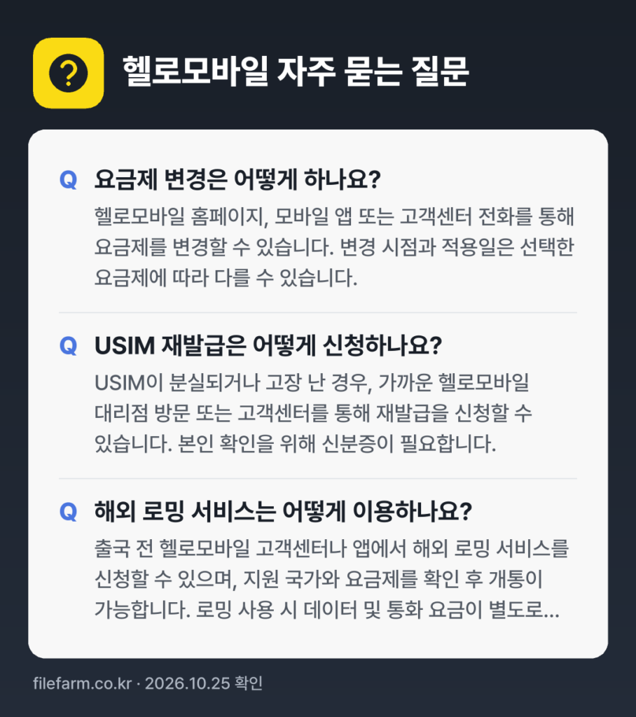 헬로모바일 자주 묻는 질문: 요금제 변경은 어떻게 하나요? / USIM 재발급은 어떻게 신청하나요? / 해외 로밍 서비스는 어떻게 이용하나요?