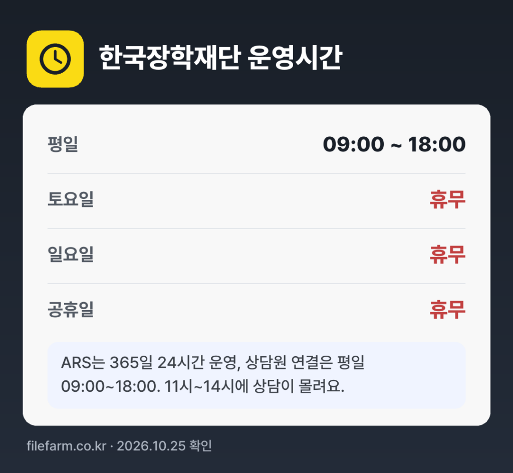 한국장학재단 운영시간: 평일 09:00 ~ 18:00 · 토 · 일 · 공휴일 휴무