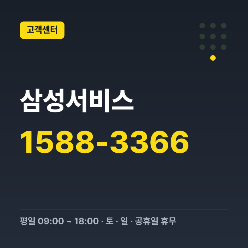 삼성서비스 대표번호 1588-3366 · 평일 09:00 ~ 18:00 · 토 · 일 · 공휴일 휴무