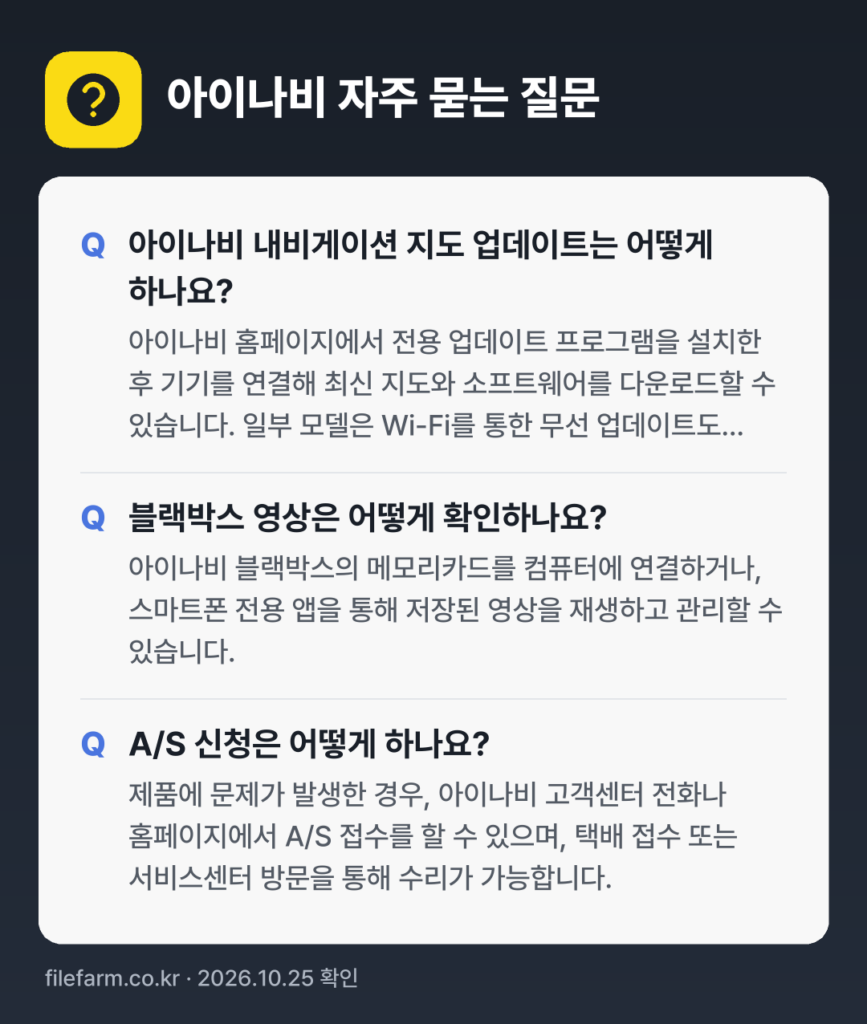 아이나비 자주 묻는 질문: 아이나비 내비게이션 지도 업데이트는 어떻게 하나요? / 블랙박스 영상은 어떻게 확인하나요? / A/S 신청은 어떻게 하나요?