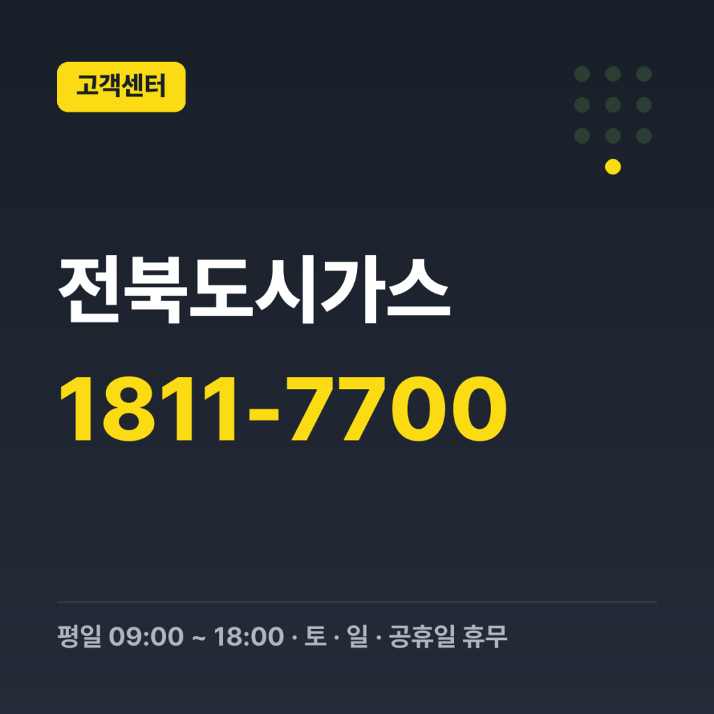 전북도시가스 대표번호 1811-7700 · 평일 09:00 ~ 18:00 · 토 · 일 · 공휴일 휴무