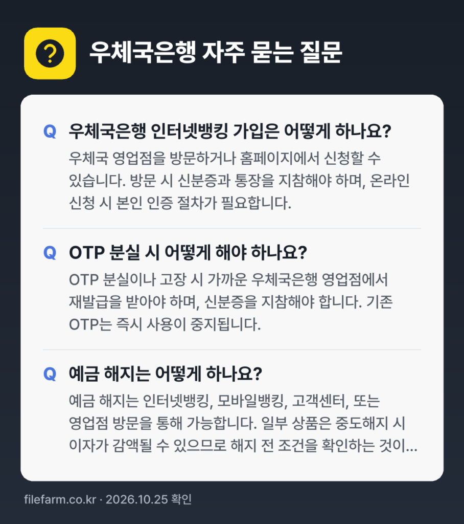 우체국은행 자주 묻는 질문: 우체국은행 인터넷뱅킹 가입은 어떻게 하나요? / OTP 분실 시 어떻게 해야 하나요? / 예금 해지는 어떻게 하나요?