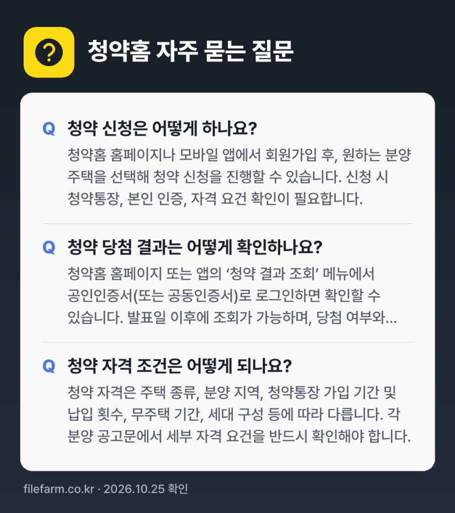청약홈 자주 묻는 질문: 청약 신청은 어떻게 하나요? / 청약 당첨 결과는 어떻게 확인하나요? / 청약 자격 조건은 어떻게 되나요?