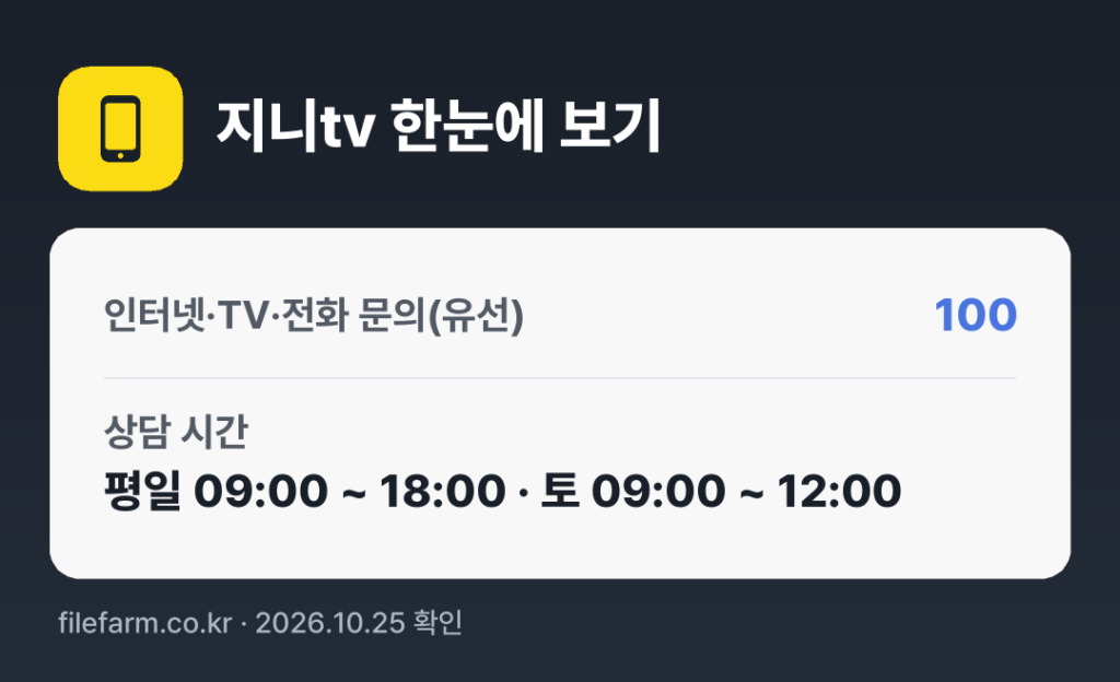 지니tv 한눈에 보기: 100 · 평일 09:00 ~ 18:00 · 토 09:00 ~ 12:00 · 일 · 공휴일 휴무