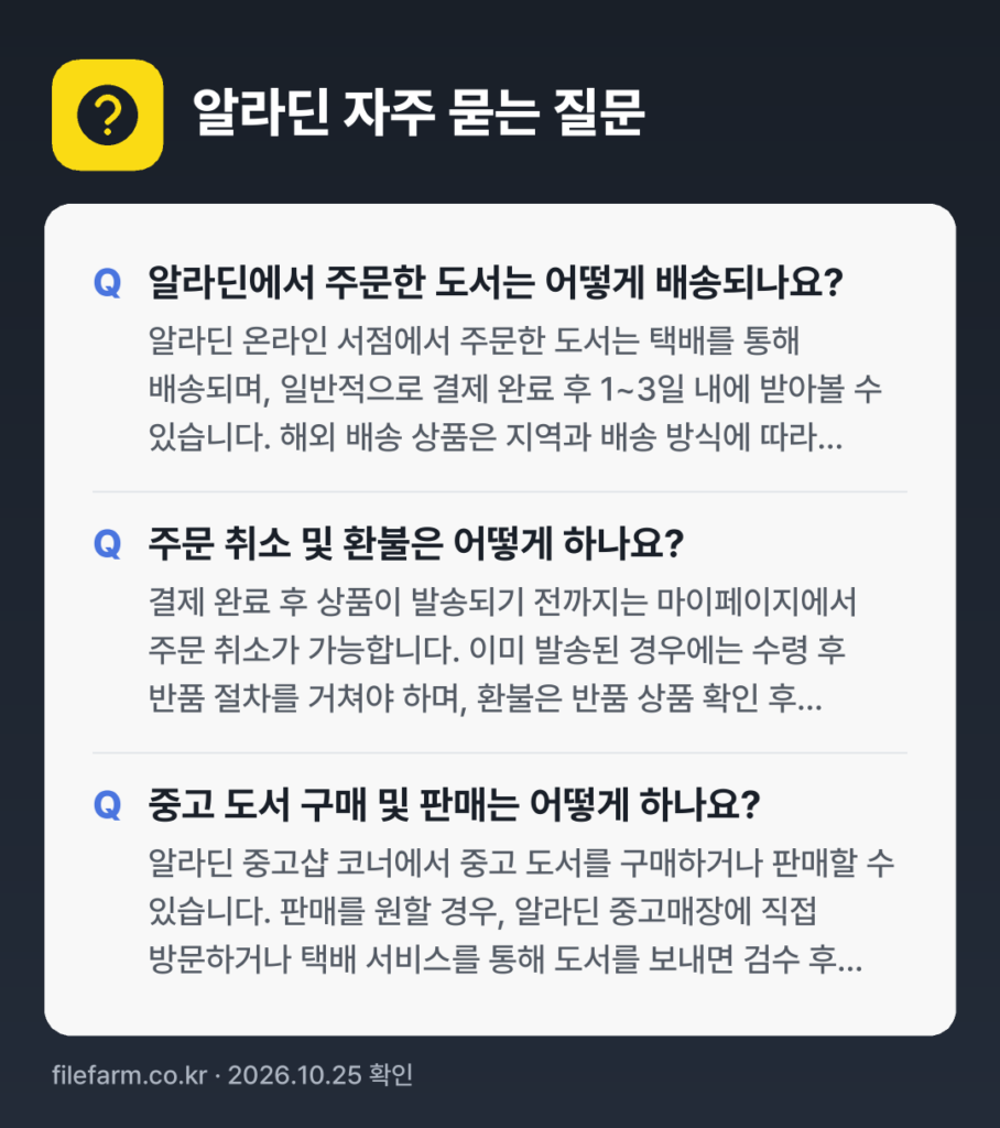 알라딘 자주 묻는 질문: 알라딘에서 주문한 도서는 어떻게 배송되나요? / 주문 취소 및 환불은 어떻게 하나요? / 중고 도서 구매 및 판매는 어떻게 하나요?