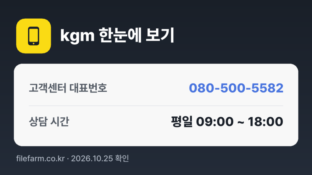 kgm 한눈에 보기: 080-500-5582 · 평일 09:00 ~ 18:00 · 토 · 일 · 공휴일 휴무