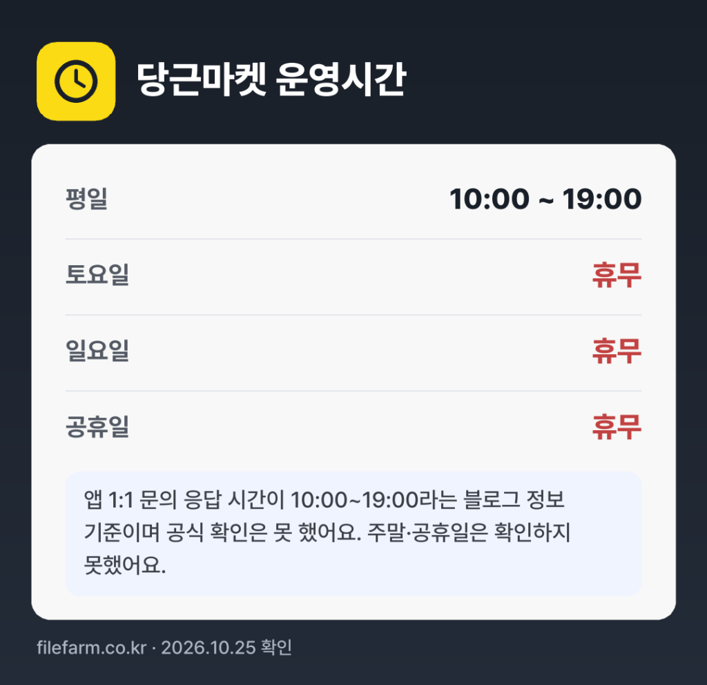 당근마켓 운영시간: 평일 10:00 ~ 19:00 · 토 · 일 · 공휴일 휴무