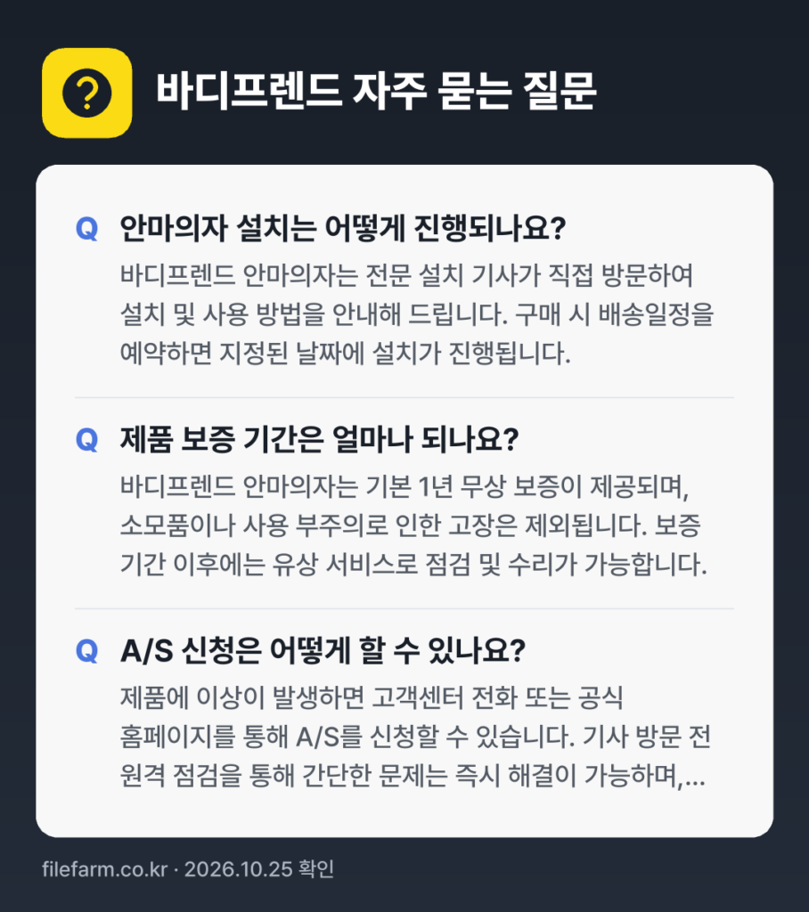 바디프렌드 자주 묻는 질문: 안마의자 설치는 어떻게 진행되나요? / 제품 보증 기간은 얼마나 되나요? / A/S 신청은 어떻게 할 수 있나요?