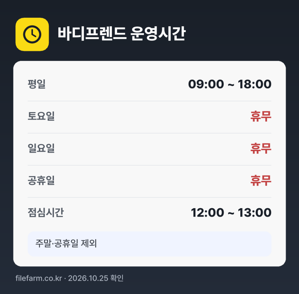 바디프렌드 운영시간: 평일 09:00 ~ 18:00 · 토 · 일 · 공휴일 휴무 · 점심시간 12:00 ~ 13:00