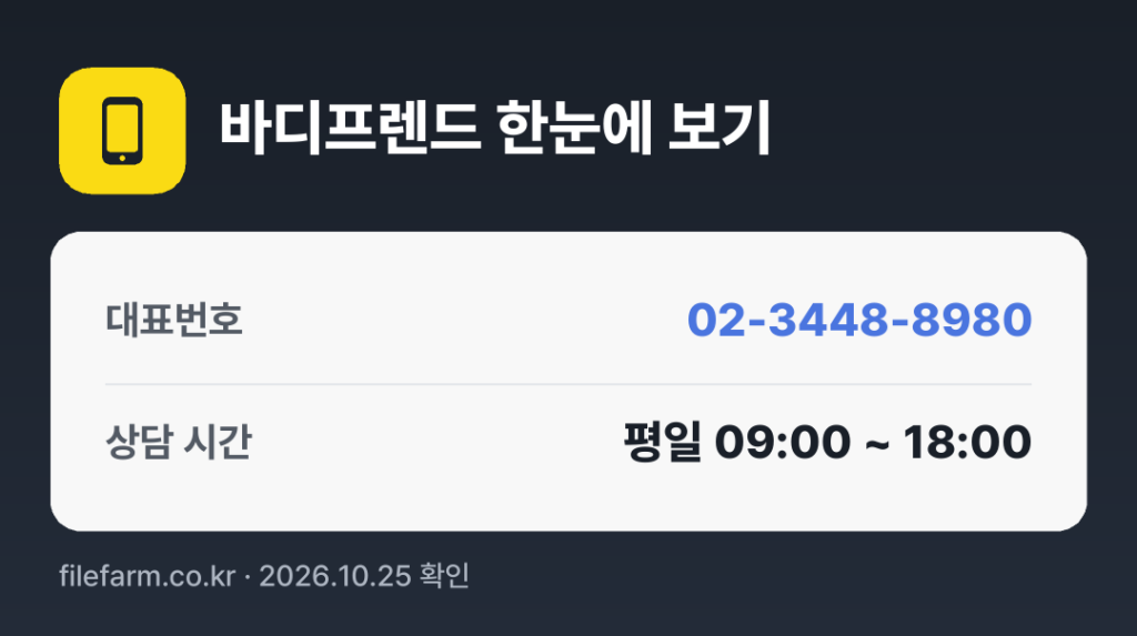 바디프렌드 한눈에 보기: 02-3448-8980 · 평일 09:00 ~ 18:00 · 토 · 일 · 공휴일 휴무