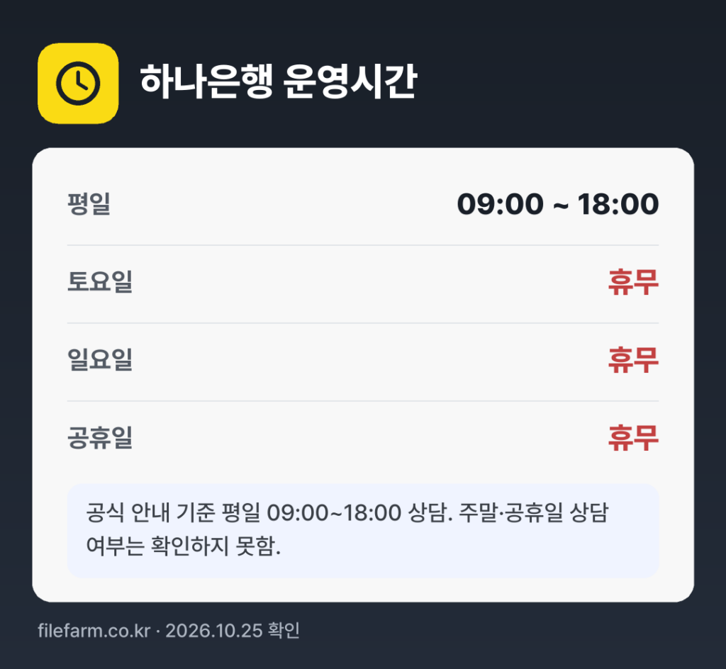 하나은행 운영시간: 평일 09:00 ~ 18:00 · 토 · 일 · 공휴일 휴무