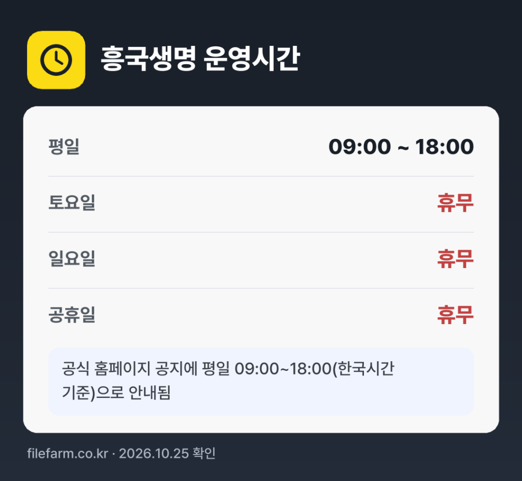 흥국생명 운영시간: 평일 09:00 ~ 18:00 · 토 · 일 · 공휴일 휴무