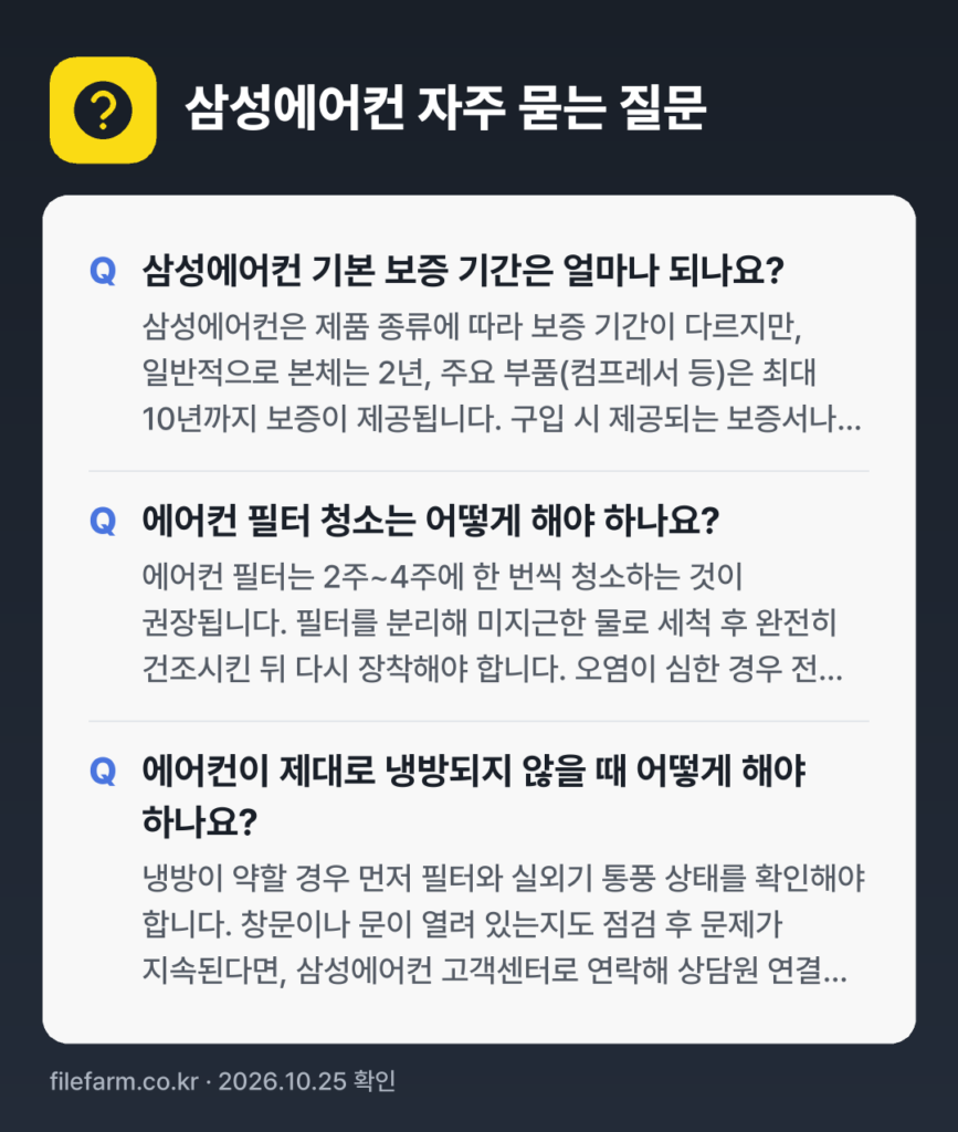 삼성에어컨 자주 묻는 질문: 삼성에어컨 기본 보증 기간은 얼마나 되나요? / 에어컨 필터 청소는 어떻게 해야 하나요? / 에어컨이 제대로 냉방되지 않을 때 어떻게 해야 하나요?