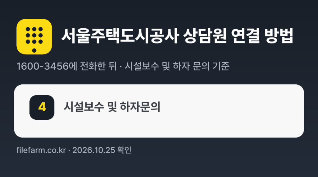 서울주택도시공사 상담원 연결 방법: 1600-3456 전화 후 4번 (시설보수 및 하자 문의 기준)