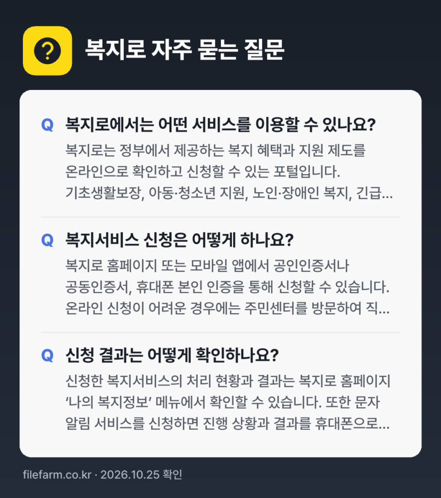 복지로 자주 묻는 질문: 복지로에서는 어떤 서비스를 이용할 수 있나요? / 복지서비스 신청은 어떻게 하나요? / 신청 결과는 어떻게 확인하나요?