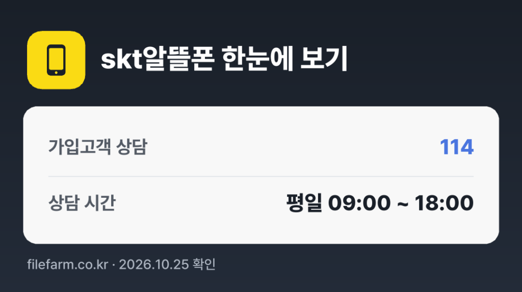 skt알뜰폰 한눈에 보기: 114 · 평일 09:00 ~ 18:00 · 토 · 일 · 공휴일 휴무