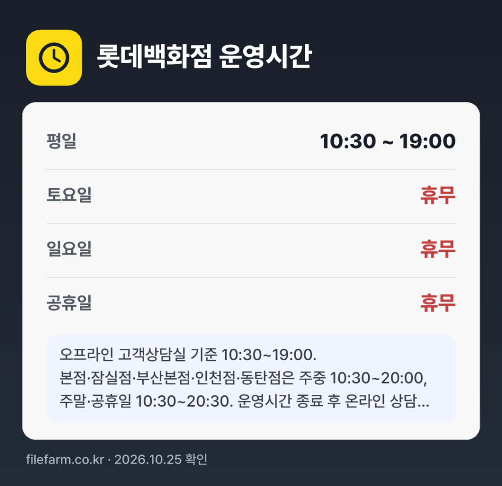 롯데백화점 운영시간: 평일 10:30 ~ 19:00 · 토 · 일 · 공휴일 휴무