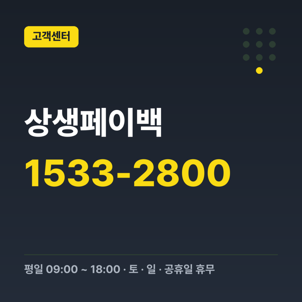 상생페이백 전용 콜센터 1533-2800 · 평일 09:00 ~ 18:00 · 토 · 일 · 공휴일 휴무
