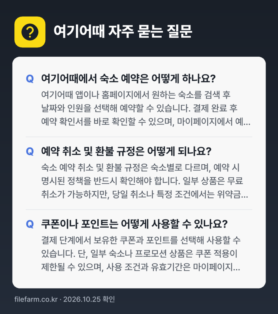 여기어때 자주 묻는 질문: 여기어때에서 숙소 예약은 어떻게 하나요? / 예약 취소 및 환불 규정은 어떻게 되나요? / 쿠폰이나 포인트는 어떻게 사용할 수 있나요?