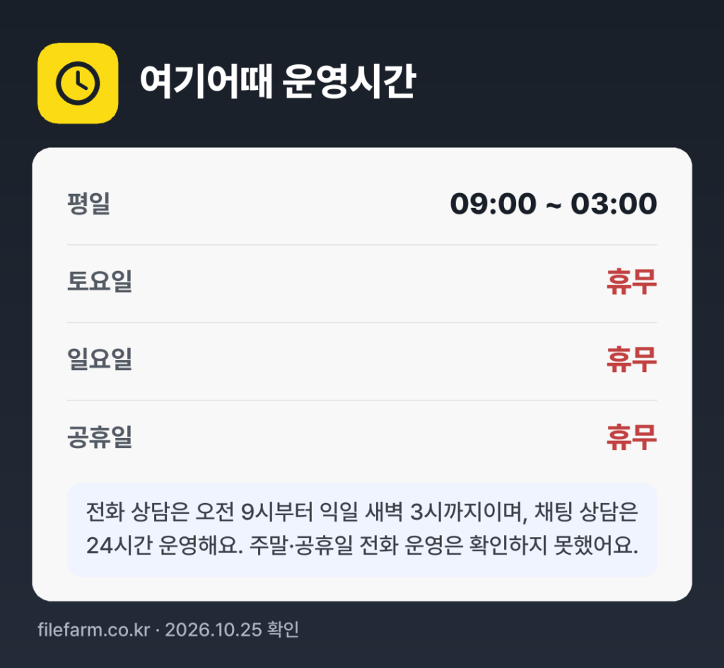 여기어때 운영시간: 평일 09:00 ~ 03:00 · 토 · 일 · 공휴일 휴무
