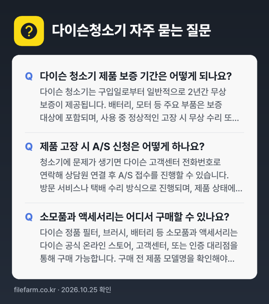 다이슨청소기 자주 묻는 질문: 다이슨 청소기 제품 보증 기간은 어떻게 되나요? / 제품 고장 시 A/S 신청은 어떻게 하나요? / 소모품과 액세서리는 어디서 구매할 수 있나요?